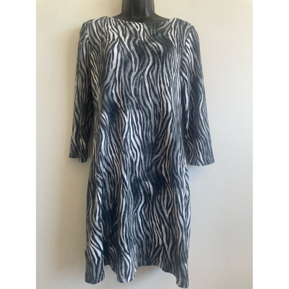 Tommy Bahama Zebra Print Dress Tunic Black White 3/4 Sleeve Zip Back Women’s SP - Picture 2 of 10